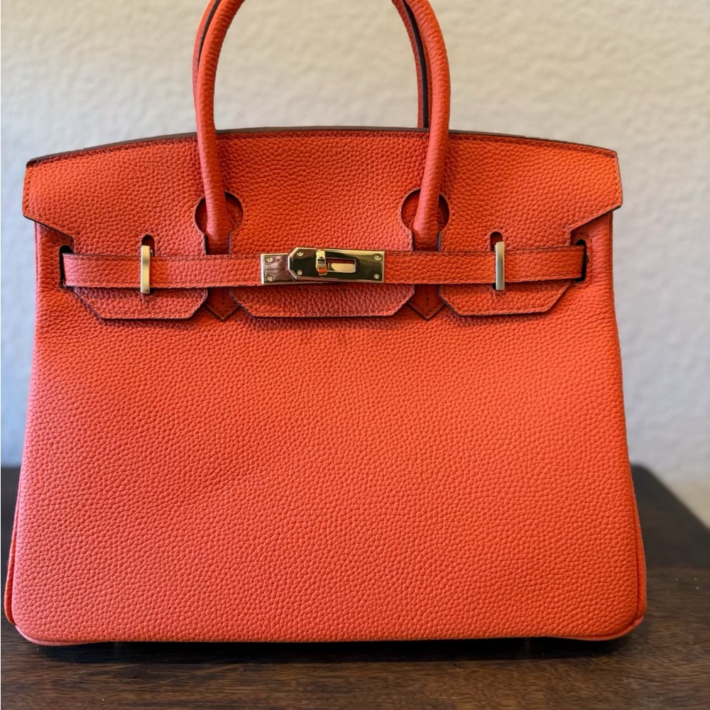 Orange Leather Satchel with Gold Hardware